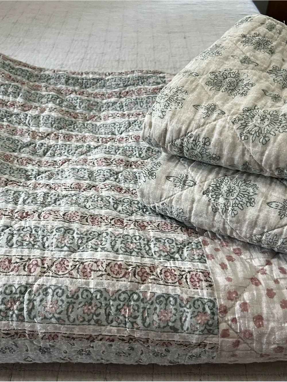 Shabby Chic Quilted Floral Bedspread in Sage and Blush